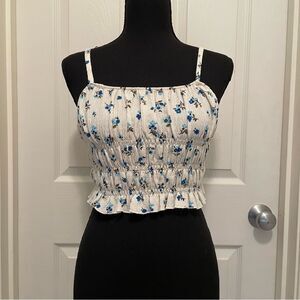 Smocked Crop Tank Top White w/ Blue Floral‎ Print Cottage Women's Large